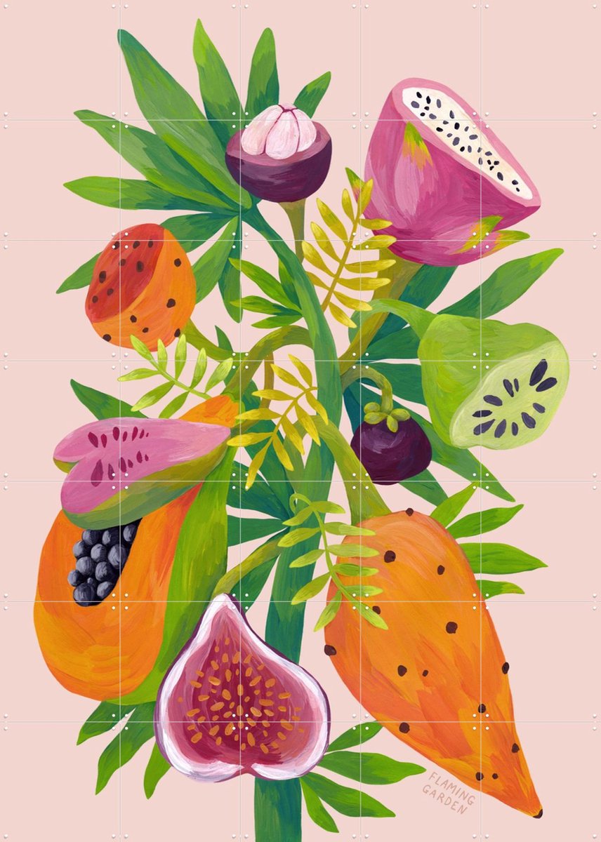 IXXI Exotic Fruits pink, Flaming Garden - 100 x 140 cm - Gratis ophangtool - Grote wanddecoratie en posters - Digitale Kunst, Speels, Kleurrijk