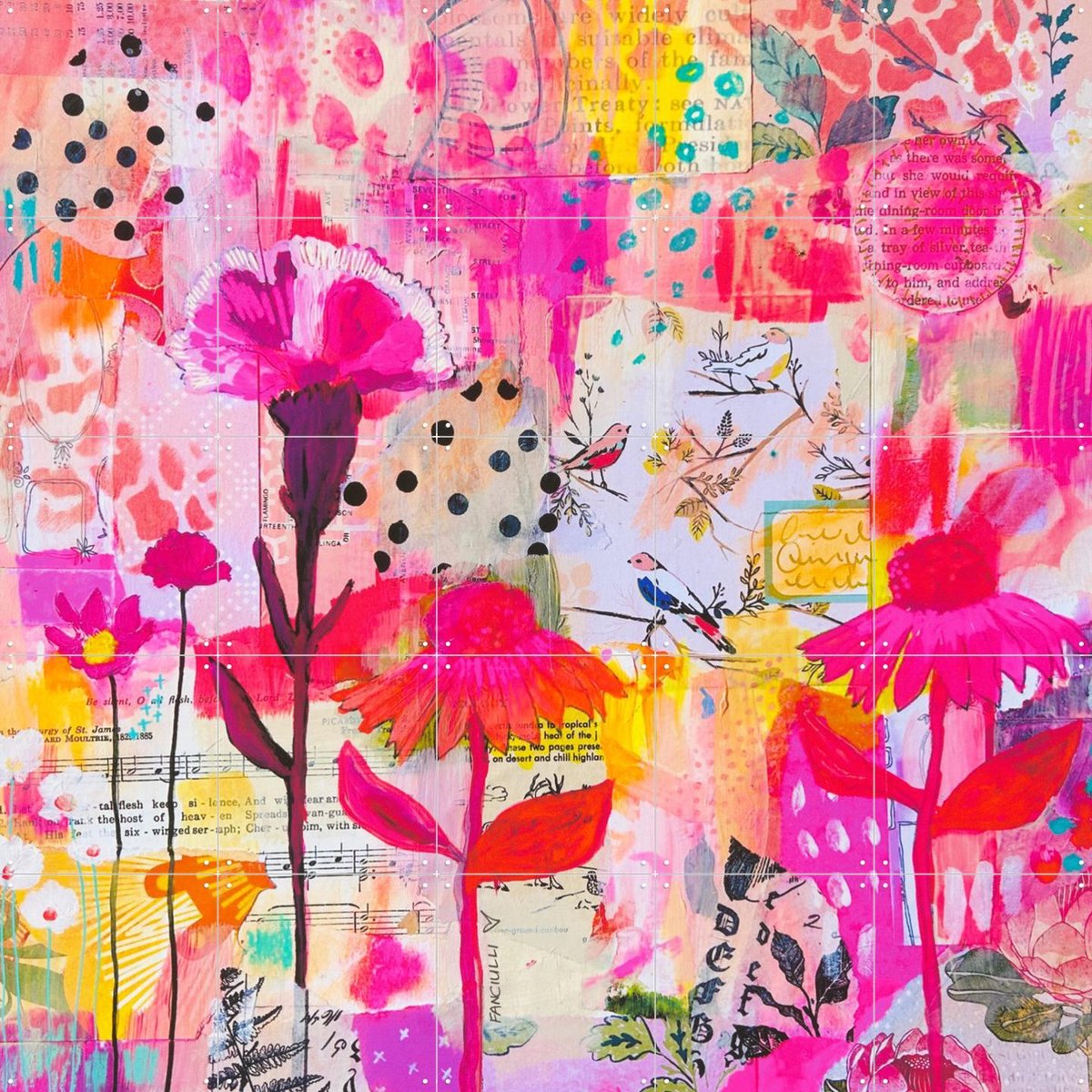IXXI Birdy, Yvette Fanciulli - 100 x 100 cm - Gratis ophangtool - Grote wanddecoratie en posters - Kleurrijk, Bloemen