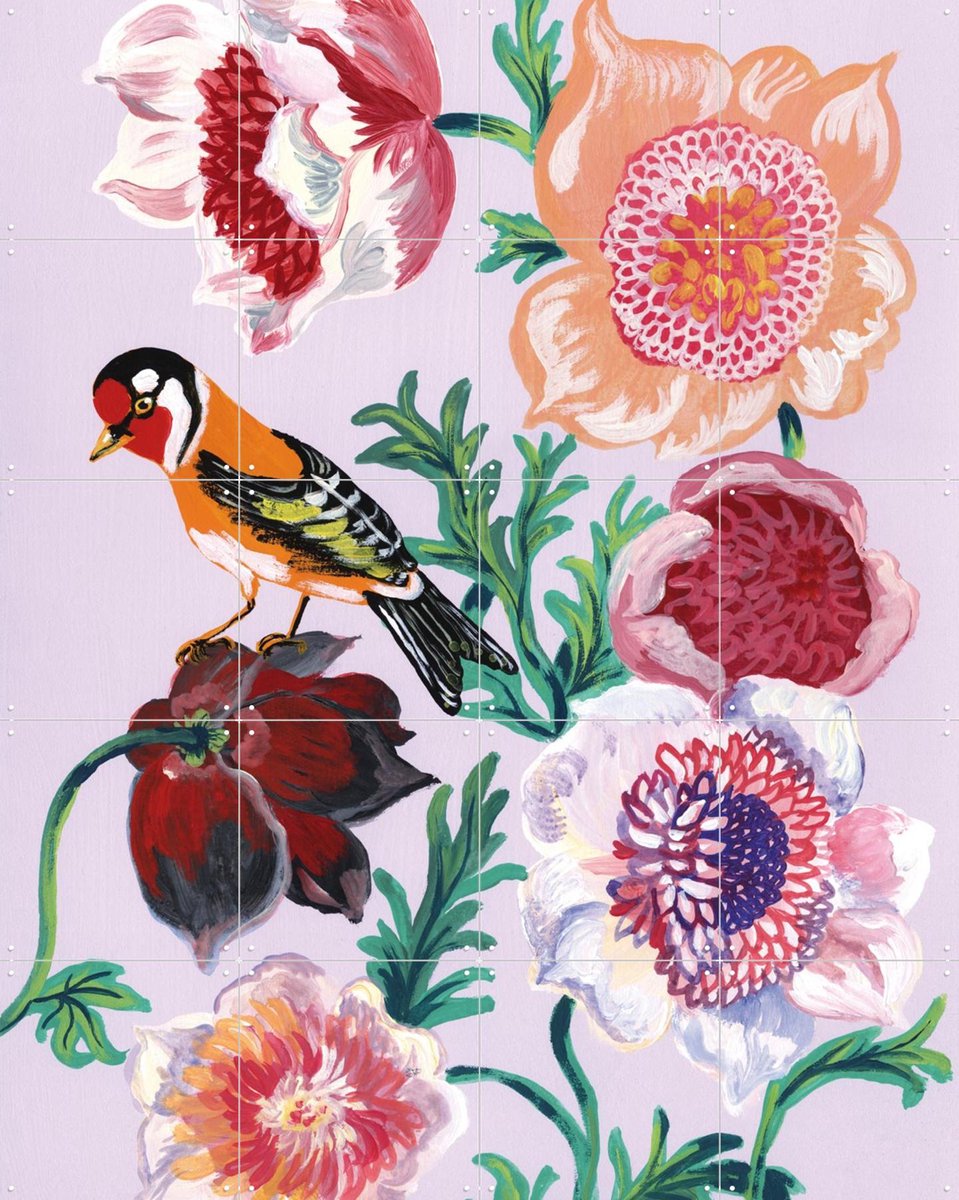 IXXI L’Oiseau et les Anémones, Nathalie Lété - 80 x 100 cm - Gratis ophangtool - Grote wanddecoratie en posters - Illustraties, Botanisch, Vogels