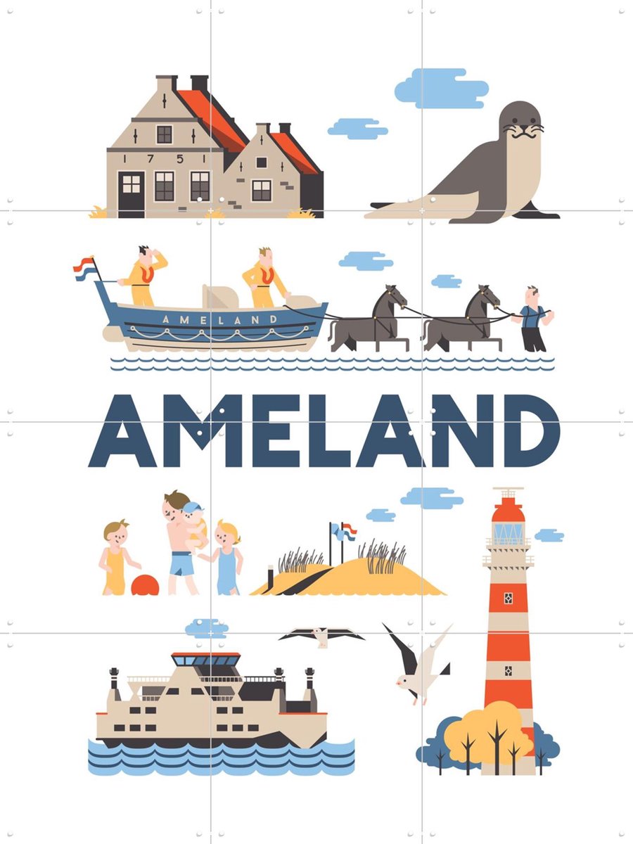 IXXI Ameland, Jochem Coenen & Kunst in Kaart - 60 x 80 cm - Gratis ophangtool - Grote wanddecoratie en posters - Kleurrijk, Speels, Grafisch Ontwerp