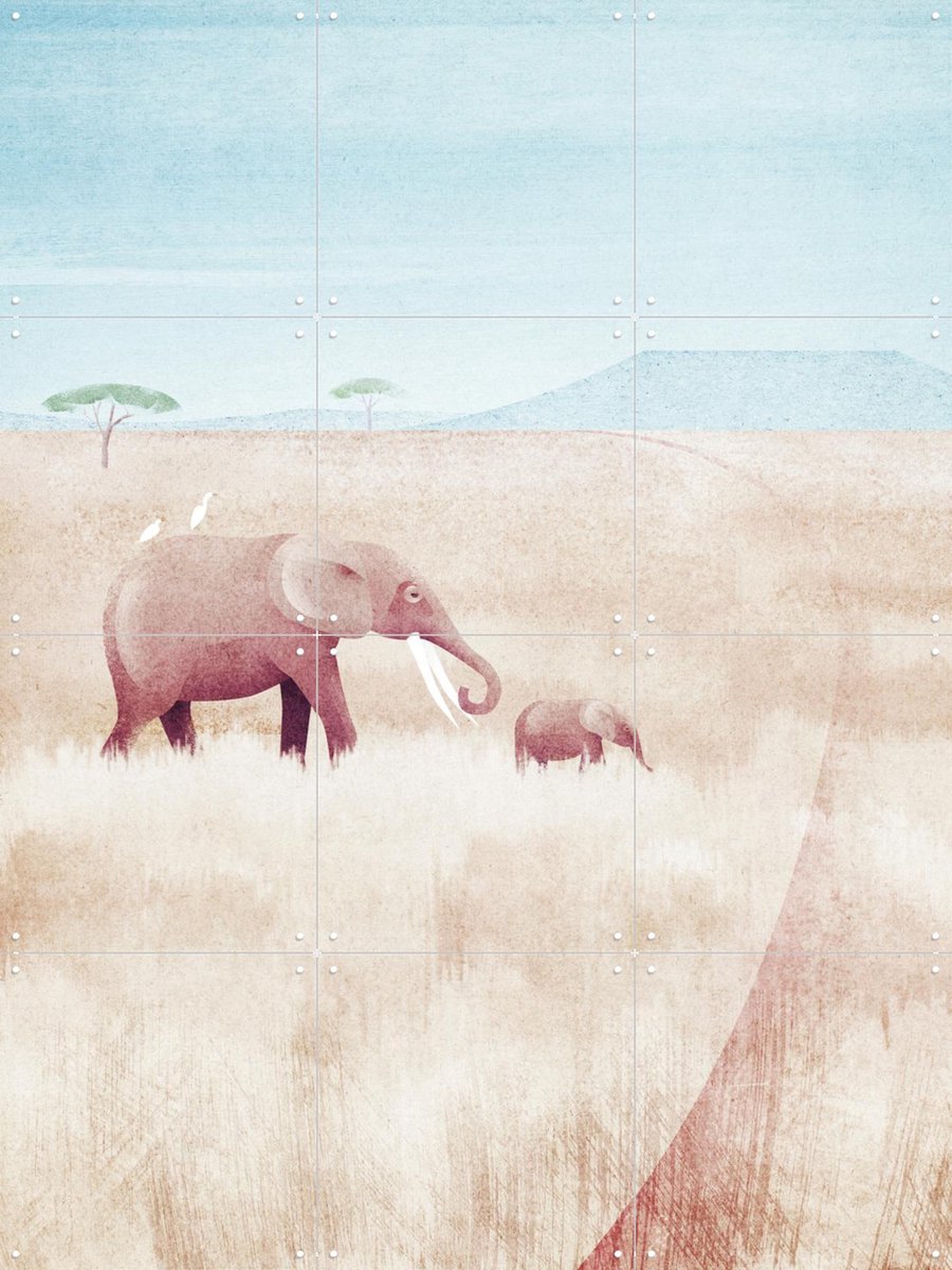 IXXI The Elephants, Henry Rivers - 60 x 80 cm - Gratis ophangtool - Grote wanddecoratie en posters - Aquarel, Illustraties, Minimalisme, Woonkamer