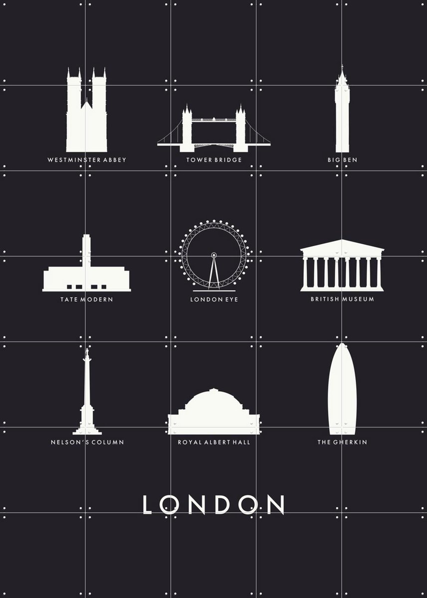 IXXI London Architecture black, Kunst in Kaart - 100 x 140 cm - Gratis ophangtool - Grote wanddecoratie en posters - Minimalisme, Illustraties