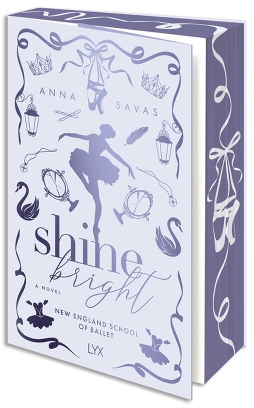 Boekcover van 'Shine Bright' met een ballerina-silhouet, balletdanseressen, zwanen, tiara's en de tekst 'Shine Bright' in paars.