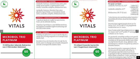 Vitals Microbiol Trio Platinum - 60 capsules - Biotica. 15 miljard levende bacteriën van 3 superieure stammen per capsule.