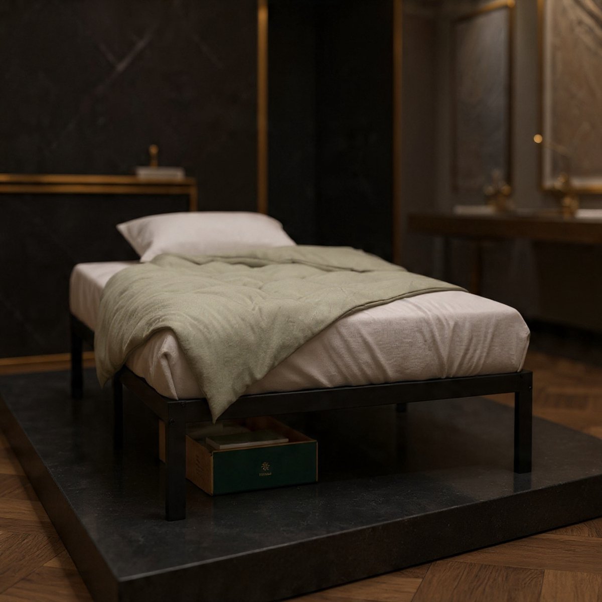 Modern Metalen Eenpersoonsbed 90x200 cm – Zwart Stalen Bedframe met Lattenbodem, 36 cm Opbergruimte Onder Bed, Robuust en Eenvoudig te Monteren – Tijdloos Design - House&Garden