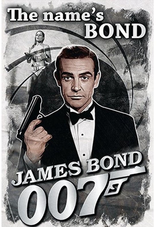 Une plaque murale en métal représentant Sean Connery en James Bond, portant un smoking et tenant un pistolet. Texte : 'The name's BONDJAMES BOND 007'.