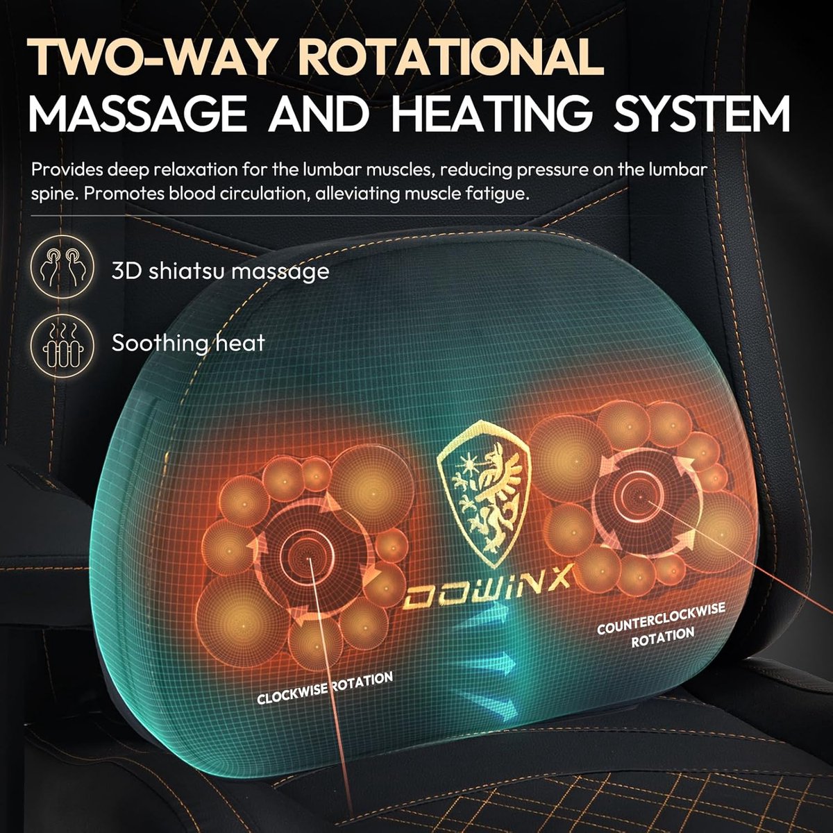 Dowinx Gaming Stoel met Massage en Verwarming - Zwart/Goud - afbeelding 3
