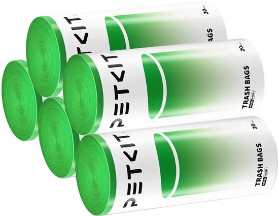 Drie rollen PETKIT vuilniszakken op de voorgrond, met vijf losse rollen op de achtergrond. Groene gradiënt cirkel en logo.