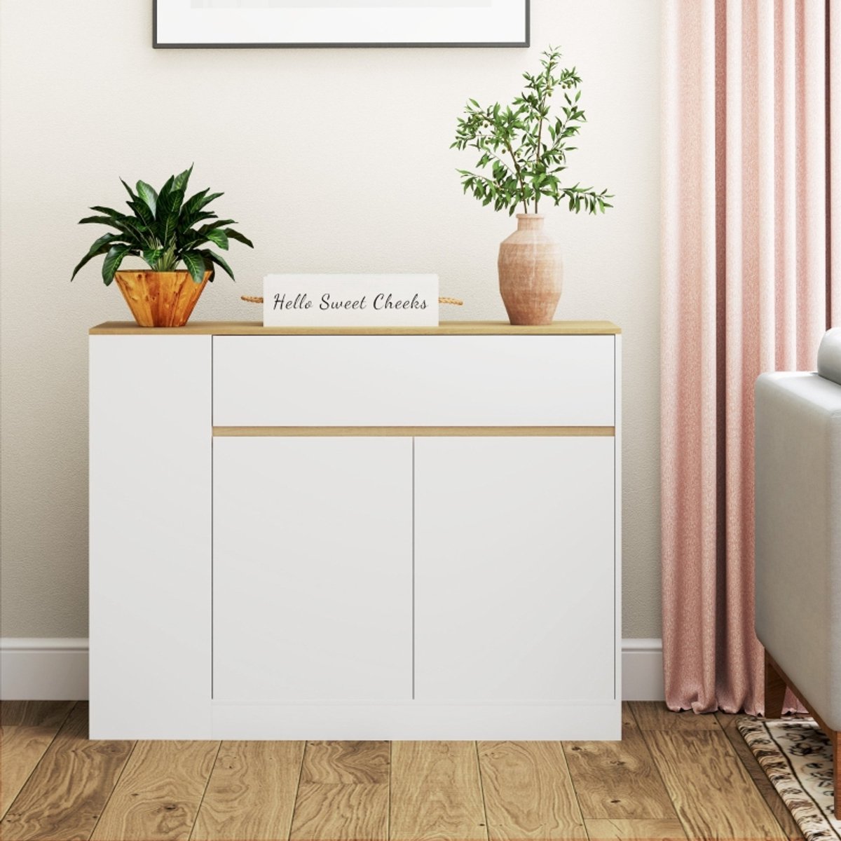 MODFU Luxe Smal Dressoir (30 cm Diep) - Scandinavische Sidetable met Lade & Open Vakken - Wit / Naturel - 105x81,5 cm