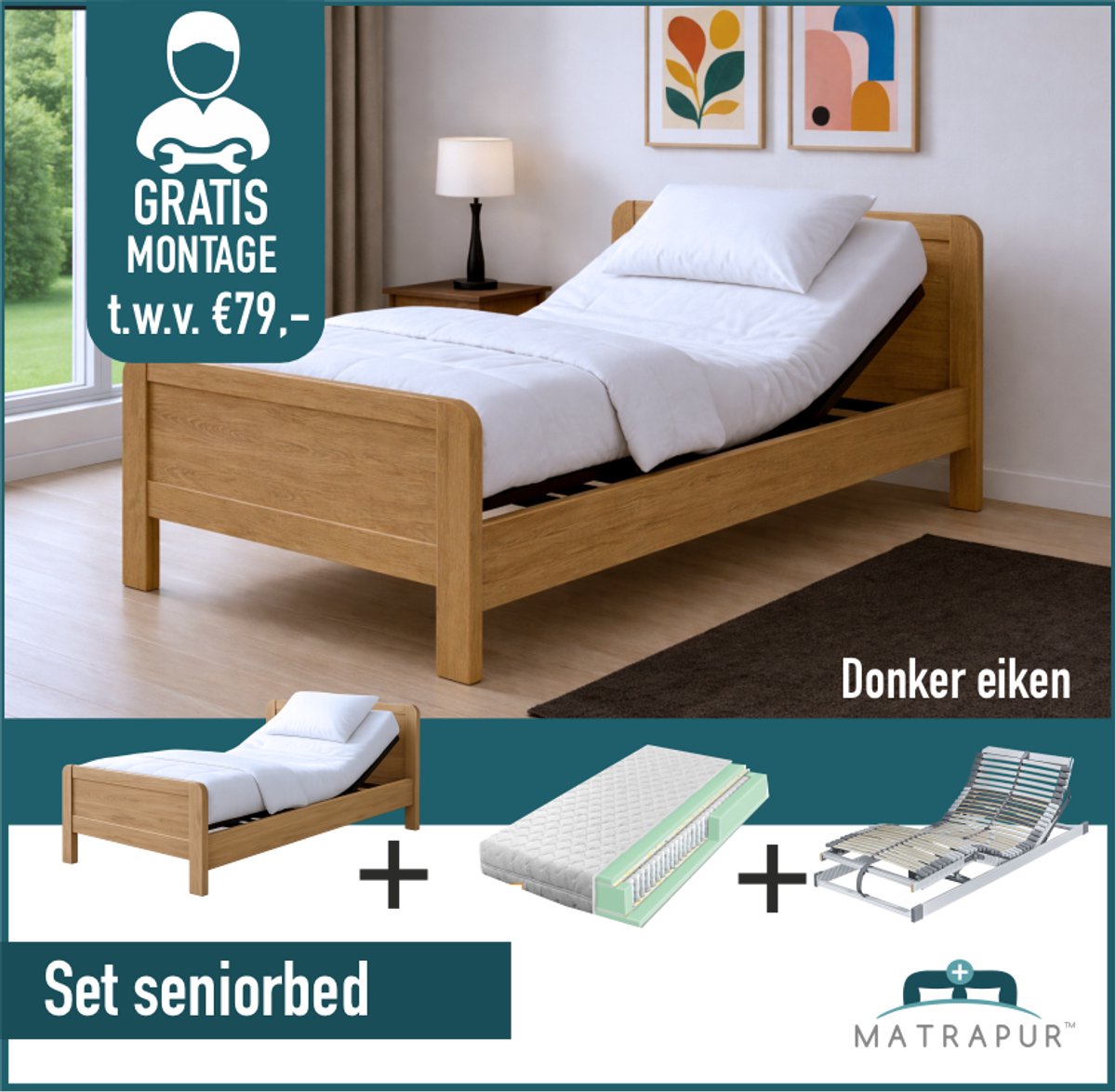 Seniorenbed Compleet elektrische set ledikant seniorenbed 90x200 cm eiken kleur + 42-lats Elektrisch Verstelbaar + Champ - 7 Zone Pocket 300 matras - 90x200 cm