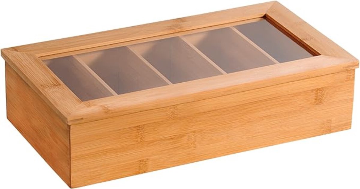 Theedoos - Theedoos van Bamboe – 5 Vakken - Theezakjes Bewaarbox - 36 x 20 x 9 cm – Bruin
