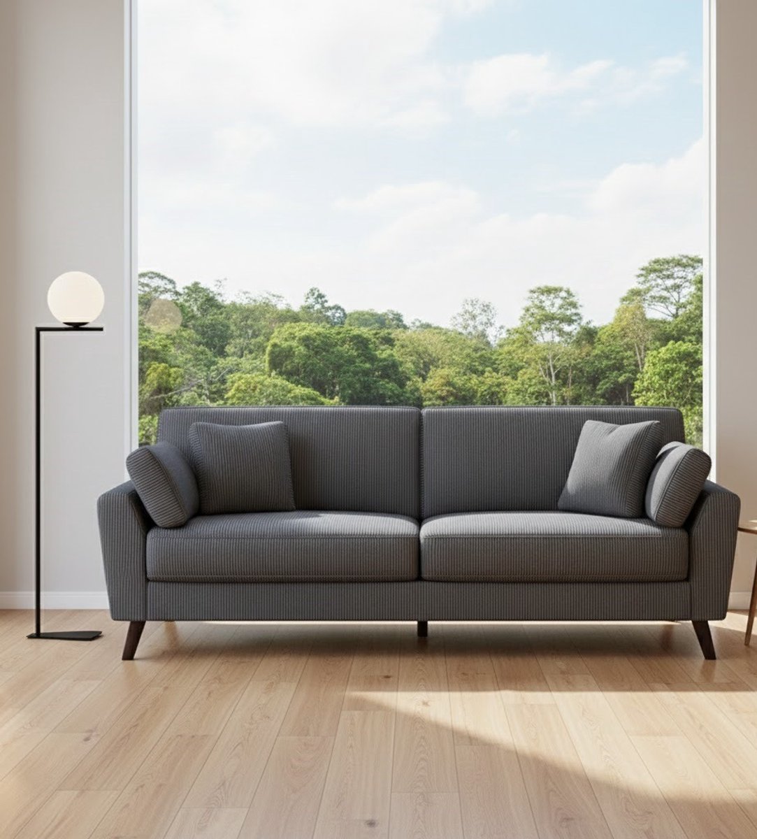 Luxe 3-Zits Corduroy Bank 220 cm – Modern Design, Grijs, Comfortabel en Duurzaam – Hoge Poten van Walnoothout – Ideaal voor Woonkamer en Slaapkamer House&Garden