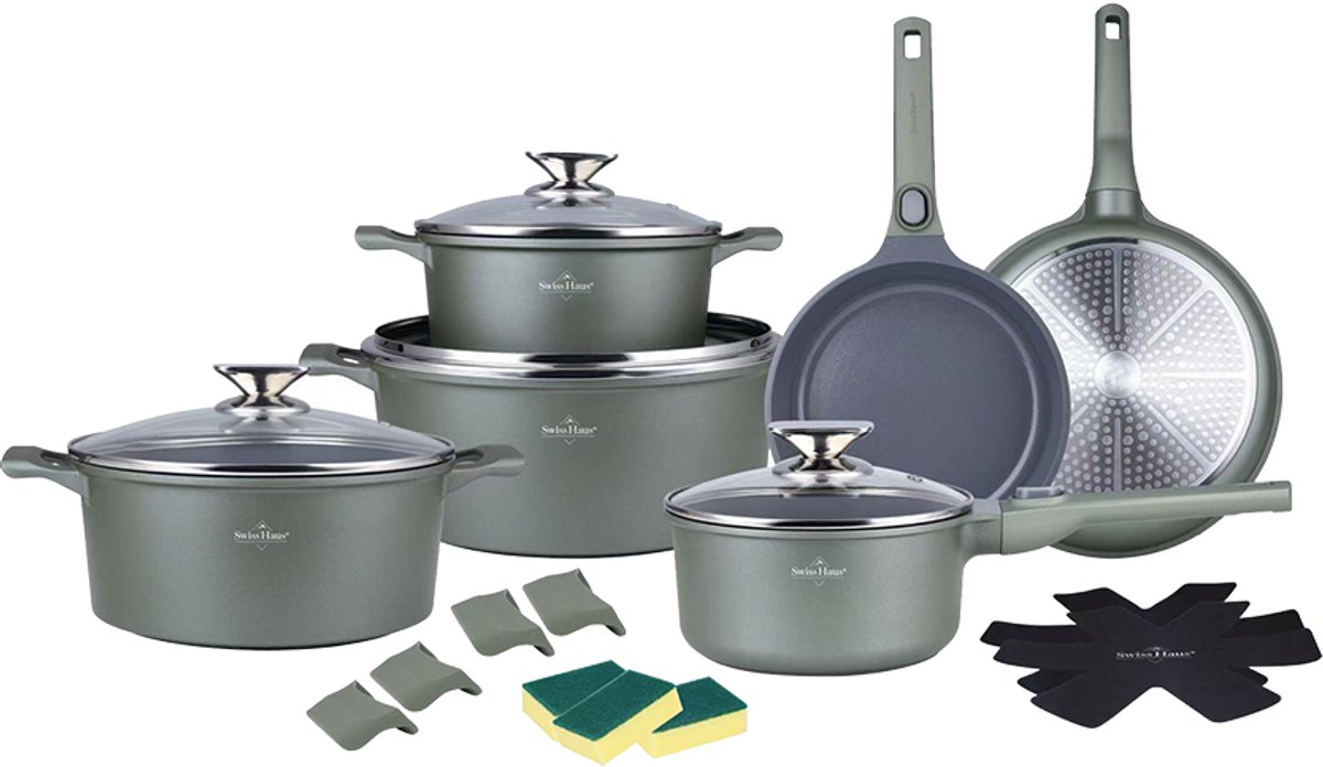 Swiss Haus® LG3019G Pannenset Inductie - 19 Delige Pannensets - PFAS Vrij - Set Met Koekenpannen, Kookpotten & Steelpan - Pannen met Afneembare Handgrepen - Pan met Sapphire™ Antiaanbaklaag - Groen