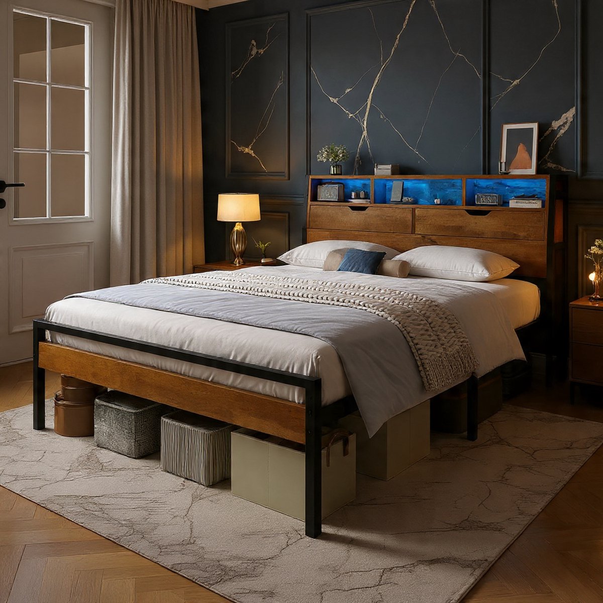 Luxe Aurora LED Bedframe met Opbergruimte en Oplaadstation – Modern Tweepersoons Bed 140x200 cm met RGB Verlichting, USB + Type C, Metaal & Hout Design – Stijlvol Tiener- en Volwassen Bed - House & Garden