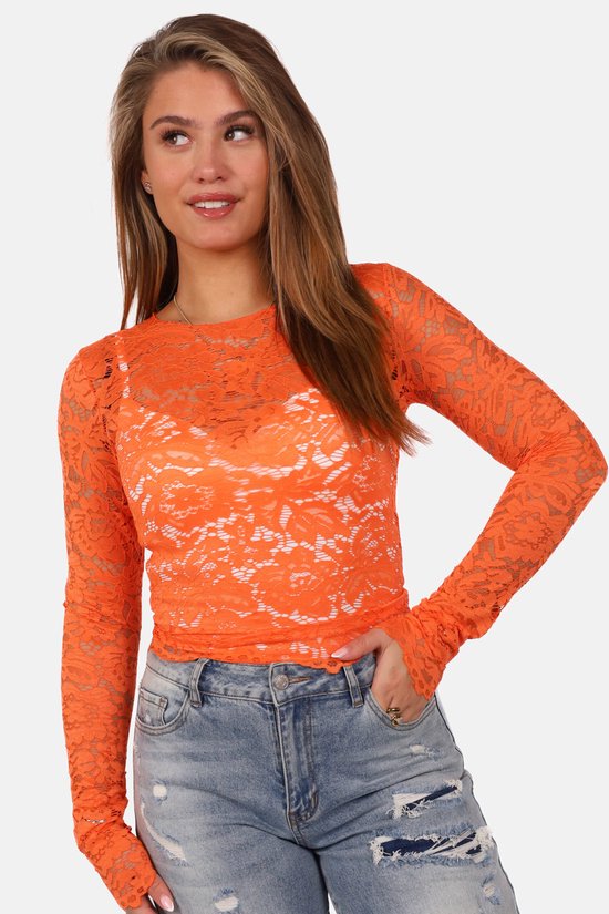 Getdrezzed Top - Maat: M - Kanten top met bloemenstructuur oranje - Koningsdag