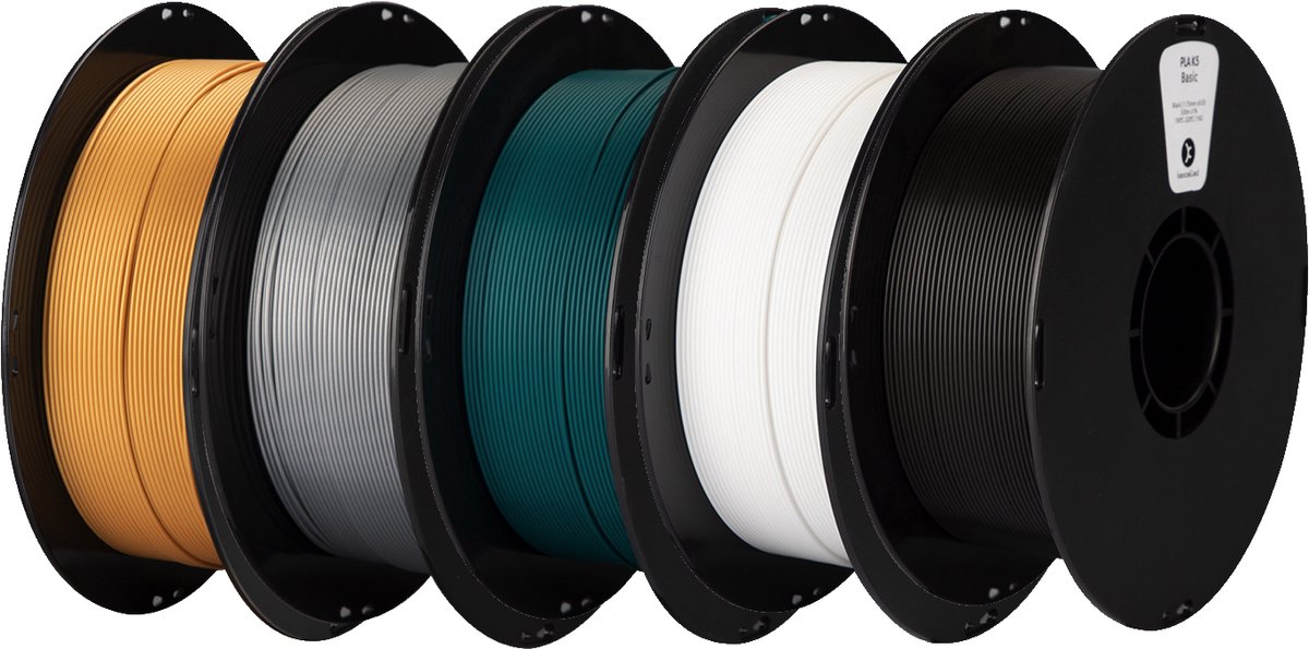 Kexcelled PLA - 3D Printer Filament - Combideal 5 x 1kg - 1.75mm - Goud, Zilver, Donkergroen, Wit, Zwart
