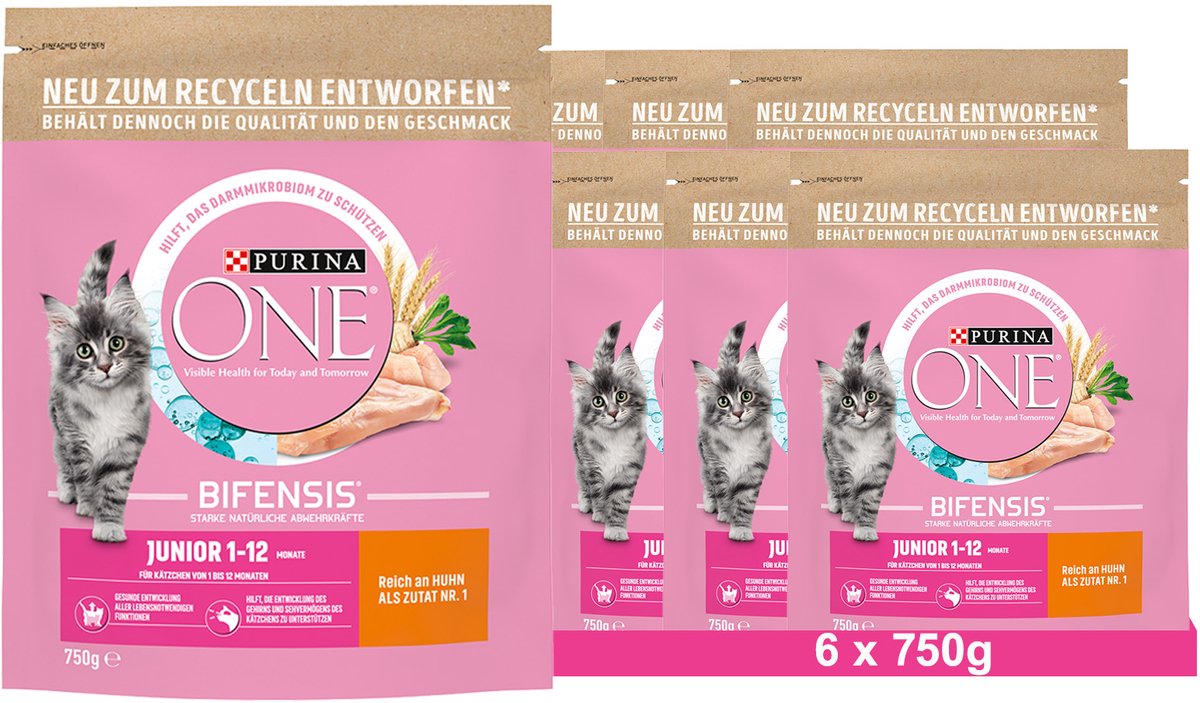 PURINA ONE BIFENSIS JUNIOR 1-12 Kattenvoer Kitten droog, rijk aan kip (6 x 750g)