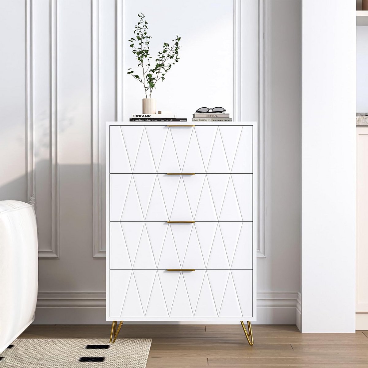 Witte Commode met 4 Laden - Houten Dressoir voor Slaapkamer en Woonkamer
