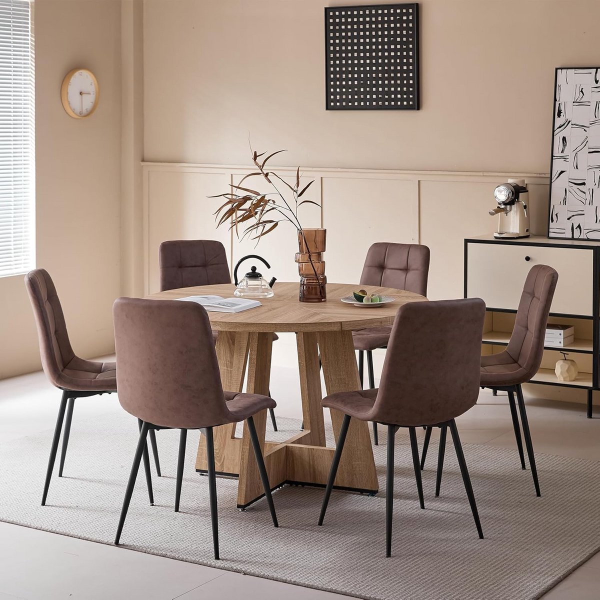 Ronde Eetkamerset met 6 Stoelen - Eettafel en Kunstleren Zitmeubelen