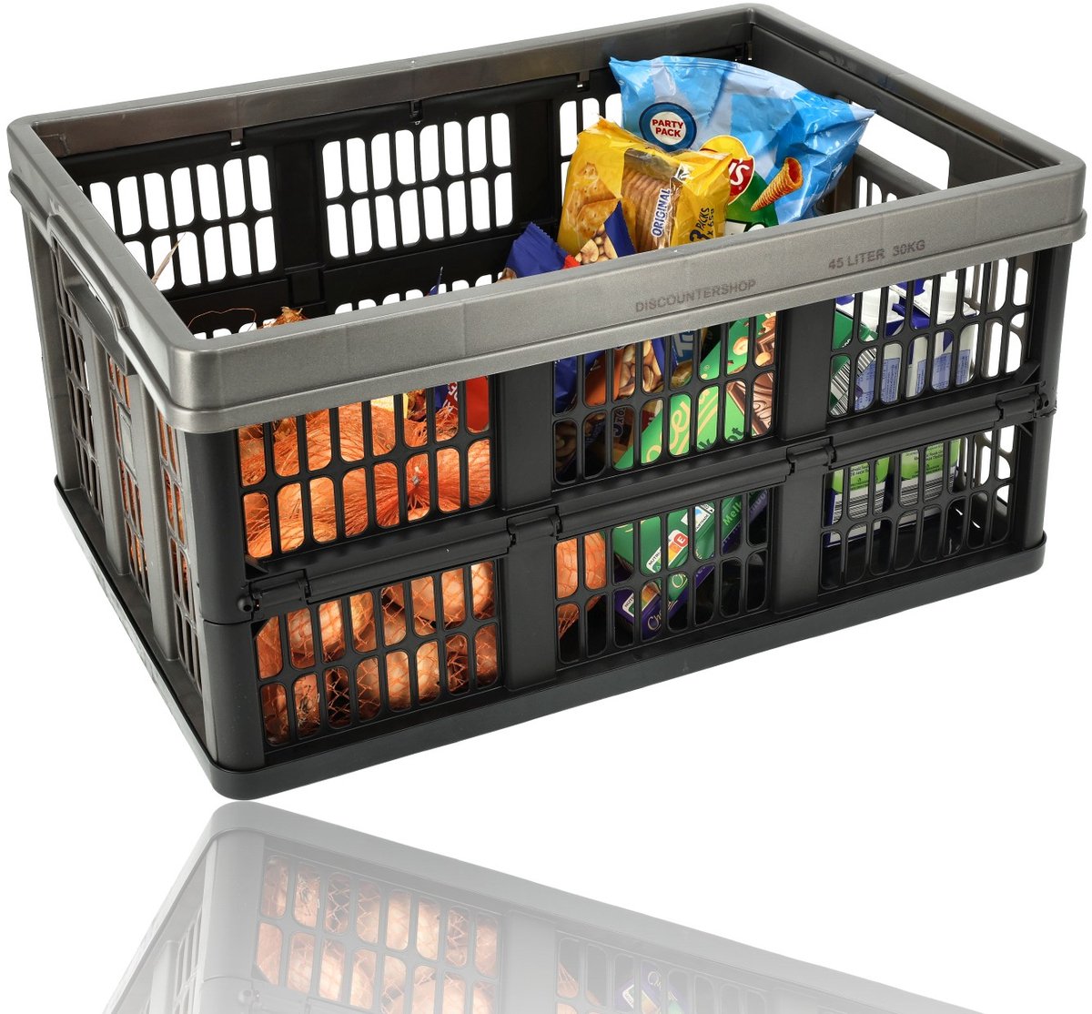 Vouwkrat 45 Liter – Belastbaar tot 30 KG – Opvouwbare Krat – Inklapbare Boodschappenkrat – Verhuisdoos Alternatief – Stapelbaar – 53,1 x 37 x 27 cm – Zwart