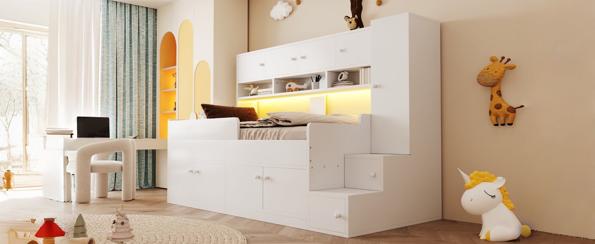 Zubaliya Houten Kinderbed 90x200 cm Wit Met LED-verlichting, Opbergruimte, Laden