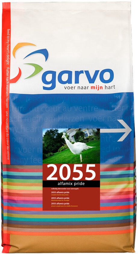 Voerzak Garvo met een afbeelding van een witte vogel in een groene wei, met de tekst 'garvo voer naar mijn hart 2055 alfamix pride'.