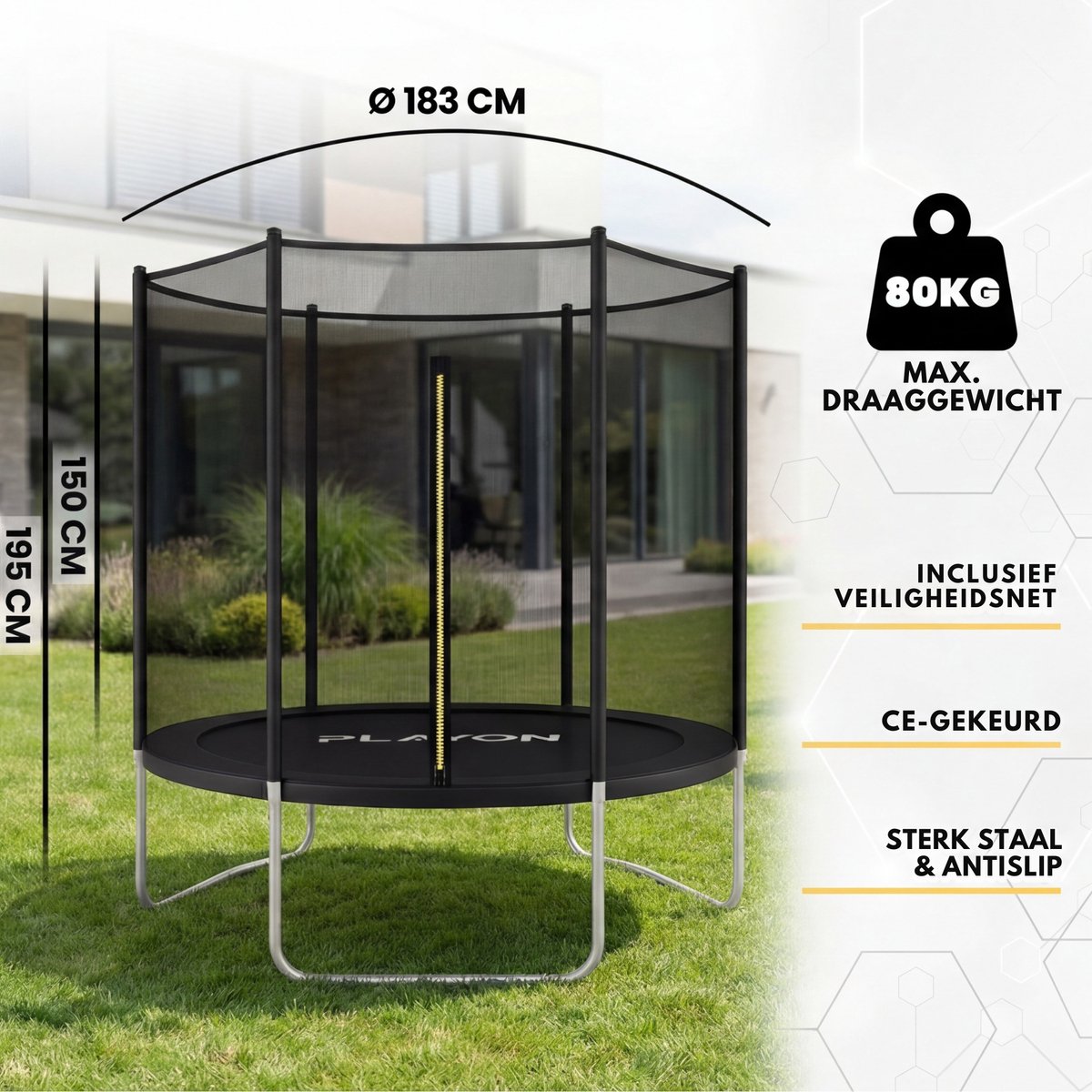 Playon Trampoline - Trampoline met Veiligheidsnet - Kinder trampoline - Ø183 cm – Inclusief randbescherming – Water en UV bestendig - Zwart – foto 2