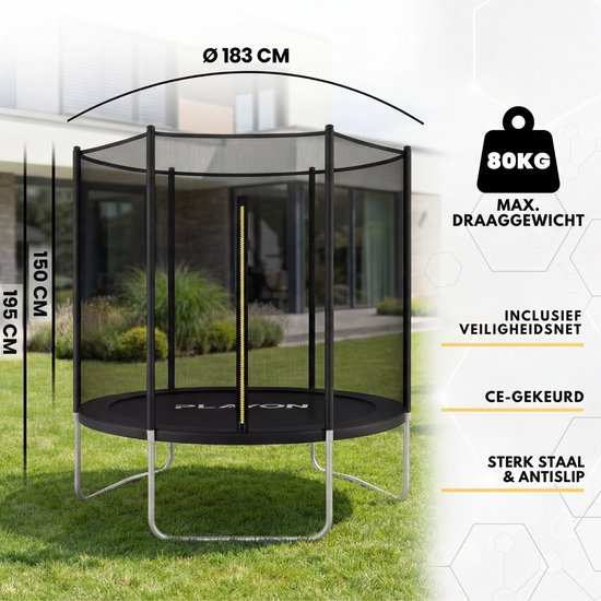 Zwarte trampoline Ø183 cm, 150 cm hoog, max 80 kg. Inclusief veiligheidsnet, CE-gekeurd, sterk en antislip.