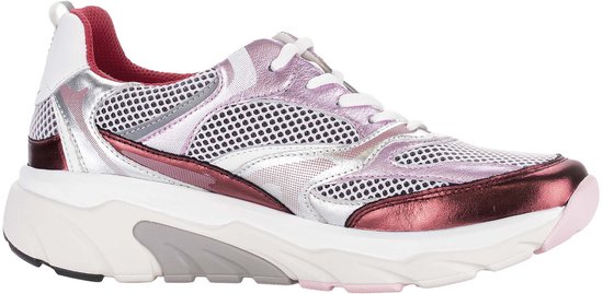 Zilveren sneaker met roze en bordeauxrode metallic accenten en rode voering.