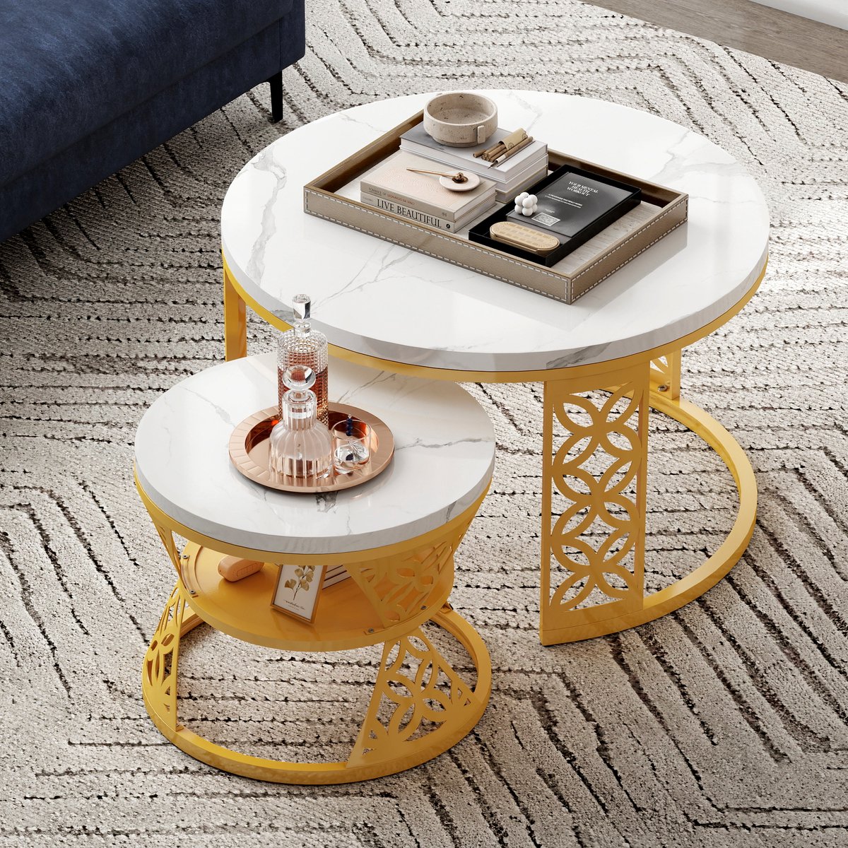 FloraGrace Set Van 2 Rond Salontafels - Modern Marmerlook MDF Blad - Goud Metaal Frame - Stapelbaar Design - 70×70×45 & 45×45×37 Cm - Wit En Goud