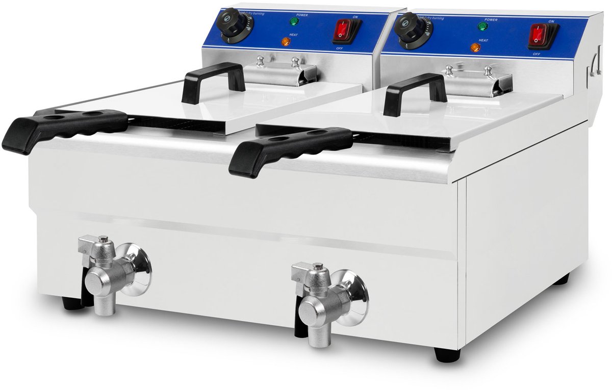 VERTES Friteuse Frituurpan Roestvrij staal 2x 10L (2x 3000W, 230V, koudzoneprincipe, temperatuur traploos regelbaar 50-250°C, aftapkraan, 2 frituurmandjes, werkt met olie en vloeibaar vet)