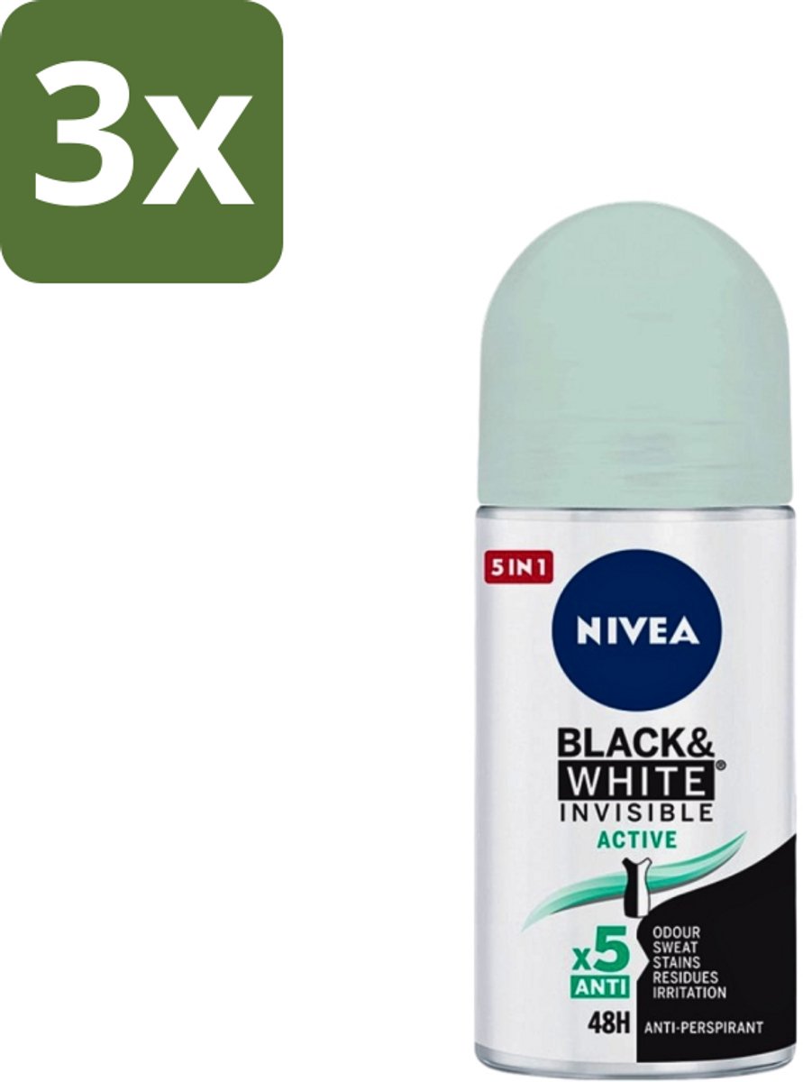 Nivea - Deodorant - Roller - Black & White Invisible - Active - 50 ml - Bulkverpakking - 3 stuks