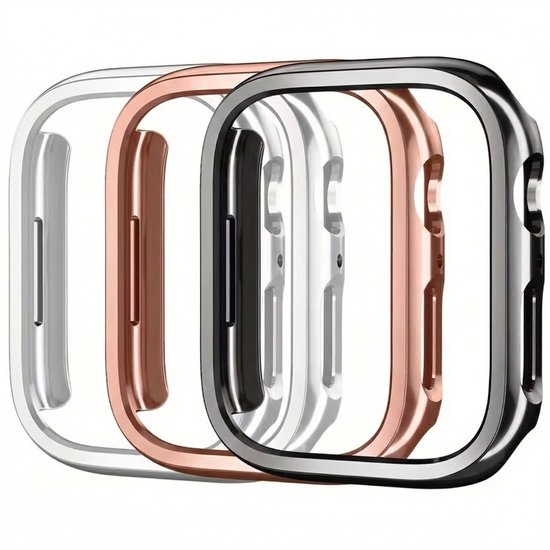 Drie Apple Watch beschermhoezen naast elkaar: zilver, rosé goud en zwart.