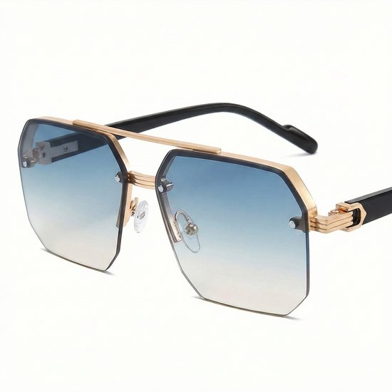 Lunettes de soleil homme – Monture en métal doré – Verres dégradés géométriques – Bleu clair à transparent – ​​Design de Luxe unisexe – Branches noires