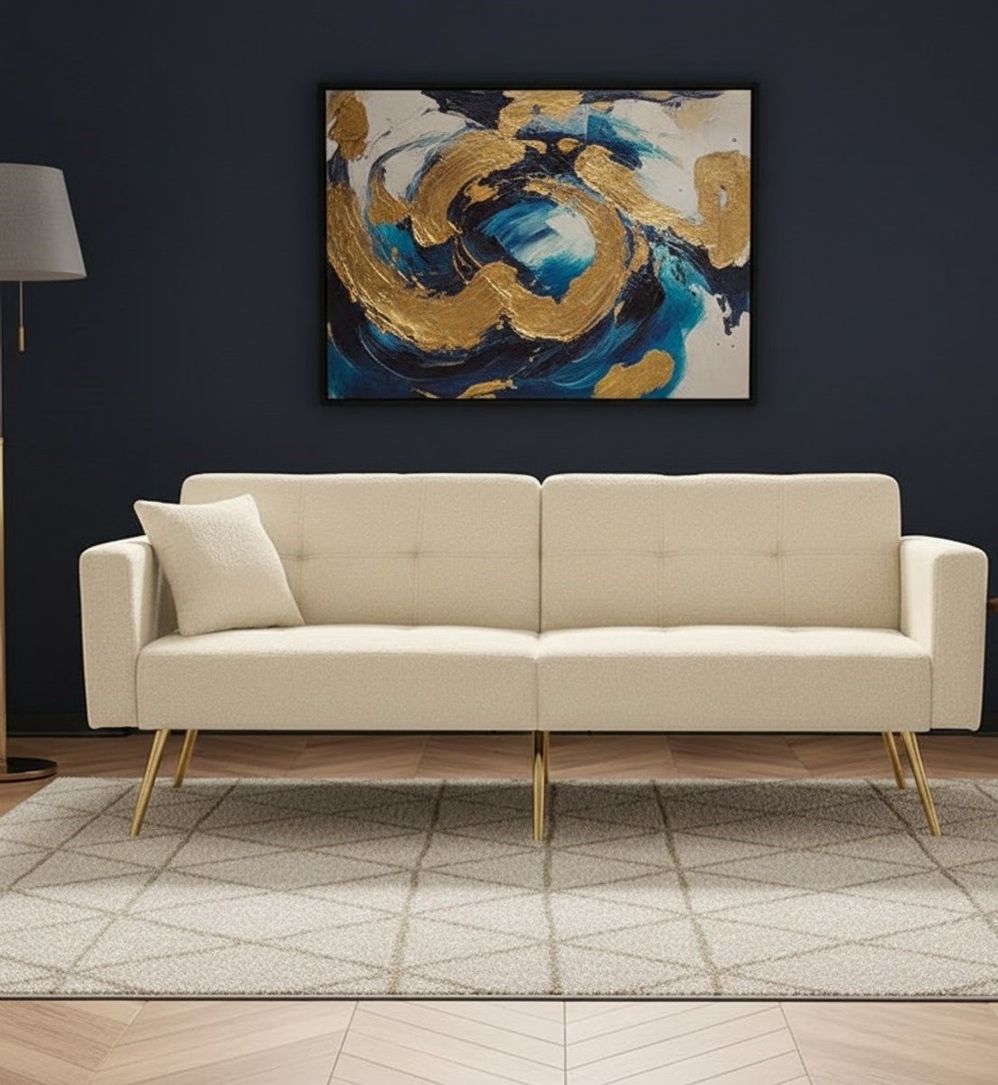 Luxe Convertible Slaapbank met Bedfunctie – Moderne 2-Zits Sofa met Verstelbare Rugleuning, Gouden Poten, Zijdelingse Opbergvakken en Zacht Lamswol Kussen – Beige House&Garden