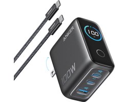 Anker Oplader, 100W Max USB C Oplader, 3-Poorts GaN Wandadapter met Slim Display en Touchbediening (Inclusief USB-C Kabel)