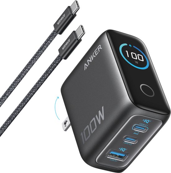 Anker Oplader - 100W Max USB C Oplader - 3-poorts GaN Wandadapter met Slim Display en Touchbediening - Inclusief USB-C Kabel