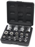 Zwarte koffer met 14 zilverkleurige inwendige torx doppen, diverse maten, maten vermeld.