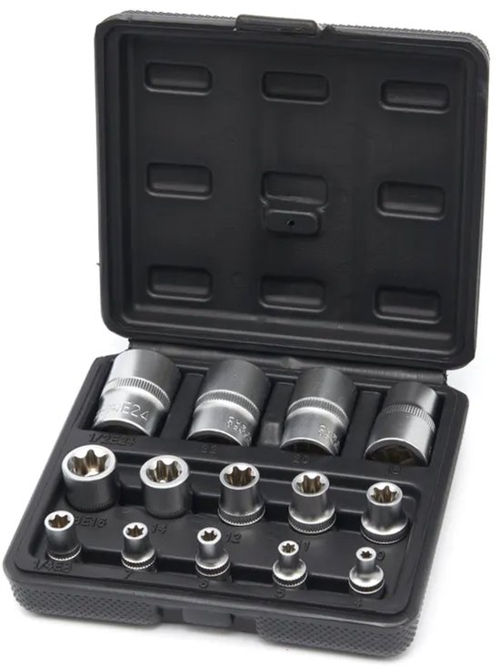 Zwarte koffer met 14 zilverkleurige inwendige torx doppen, diverse maten, maten vermeld.
