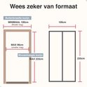 Diagram met buitenmaat kozijn minimaal 100cm (breder mag) en binnenmaat kozijn max 96cm (smaller mag). Binnenhoogte kozijn max 233cm. 100cm bij 235cm.