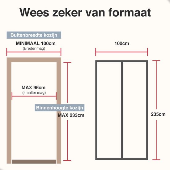 Diagram met buitenmaat kozijn minimaal 100cm (breder mag) en binnenmaat kozijn max 96cm (smaller mag). Binnenhoogte kozijn max 233cm. 100cm bij 235cm.