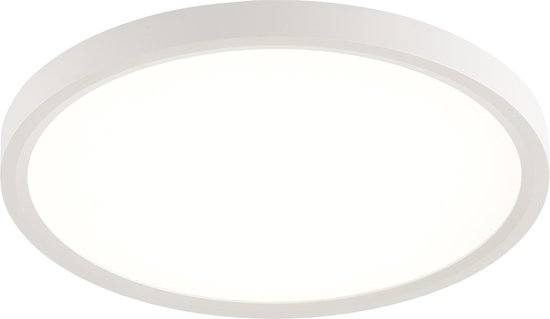 Witte ronde plafondlamp met een subtiel wit frame, 29,7 cm diameter, verlicht.