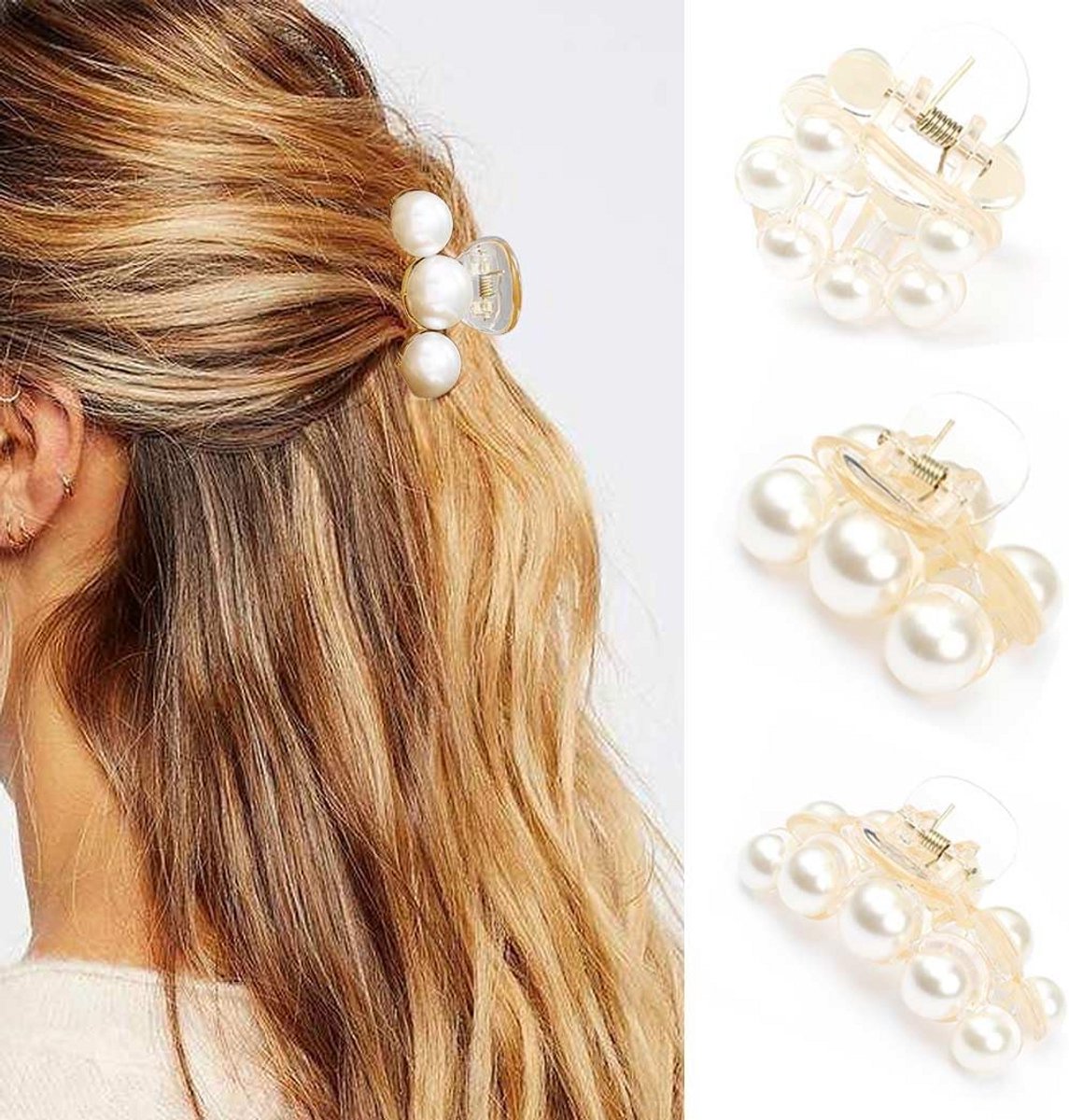Set van 3 Champagne Kleurige Haarclips met Parels voor Dames en Meisjes