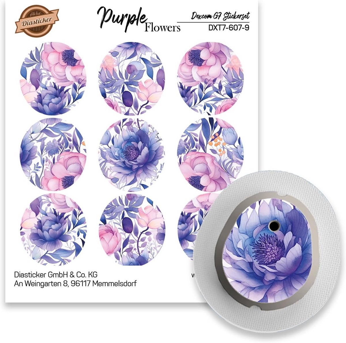 Set van 9 Paarse Bloemen Stickers voor Dexcom G7 Sensor - Waterdicht en Krasbestendig