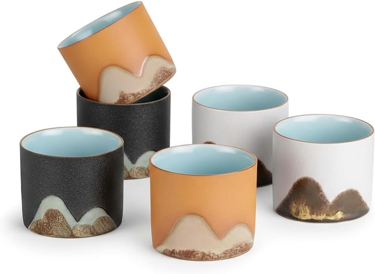 Handgemaakte Japanse Sake Set met 6 Keramische Mokken - 55 ml