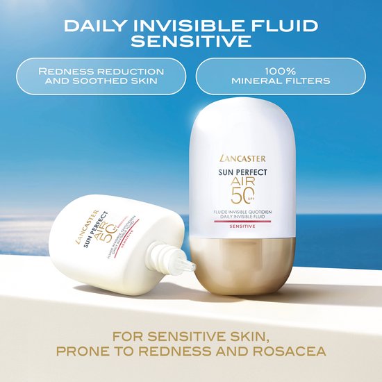 Twee Lancaster Sun Perfect AIR SPF50 Sensitive Mineral flacons op een witte richel.