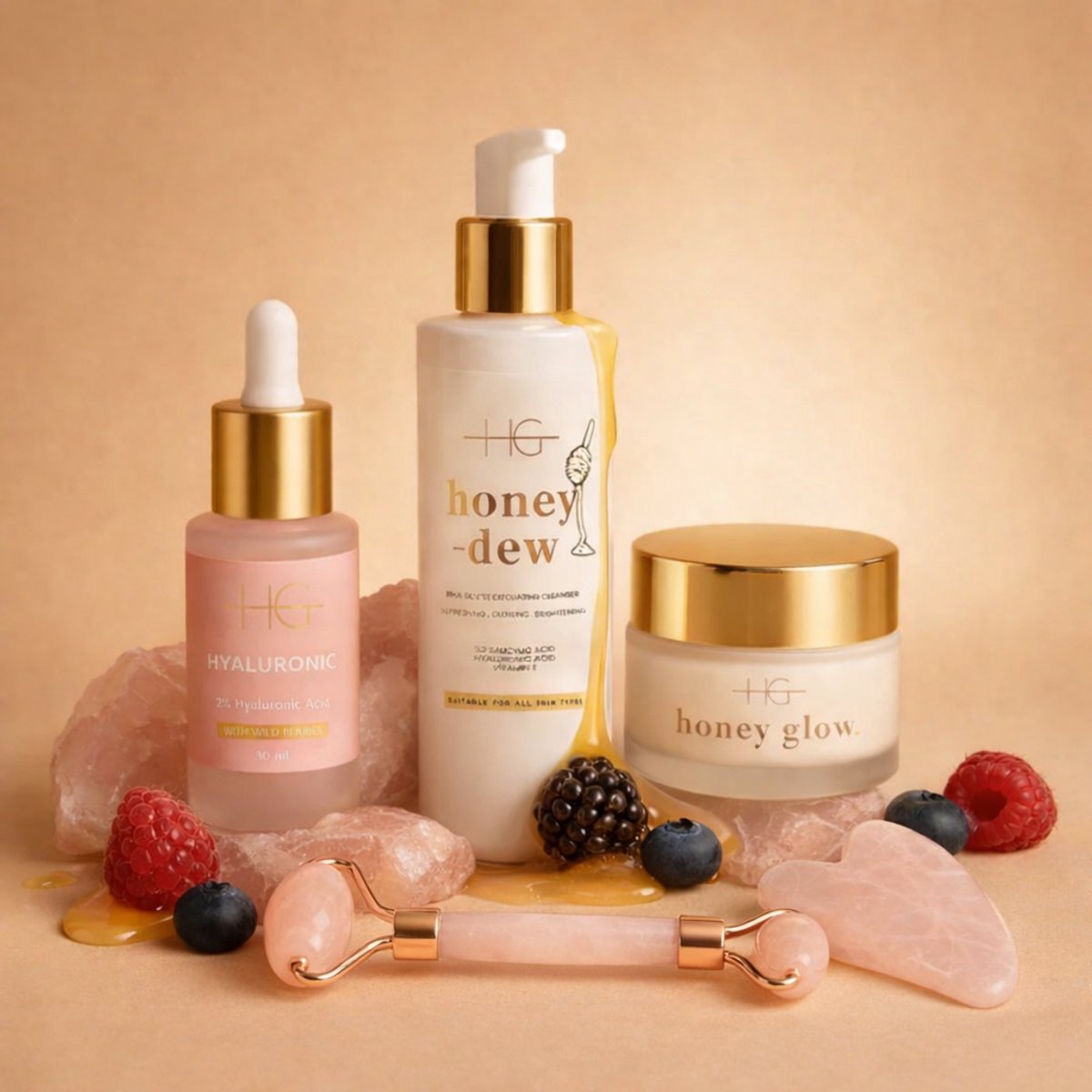 HG Aesthetics Honing Hydratatie & Jade Roller Set – 2% Hyaluronzuur Serum, Honey Dew Cleanser, Ultra Moisturizer en Jade Roller met Gua Sha – Voor Stralende Huid