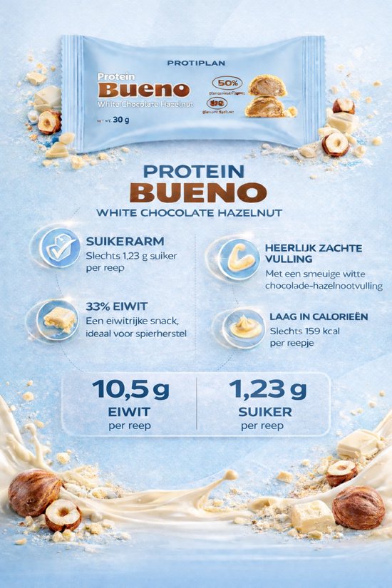 Protiplan - Protein Bueno Witte Chocolade Hazelnoot - 12 x 40 g - Koolhydraatarm - Suikerarm - Protein Bar — afbeelding 3