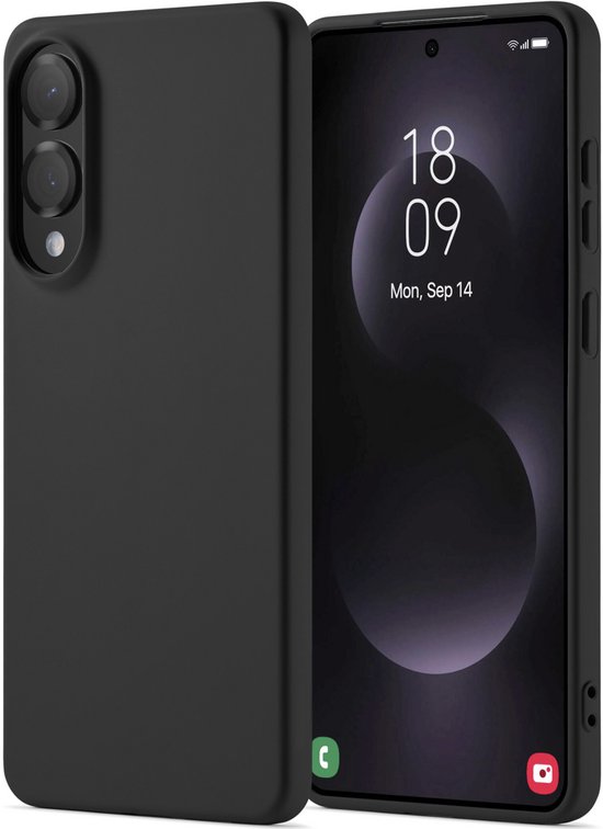 Coque de téléphone noire à côté d'un smartphone avec un fond d'écran noir.