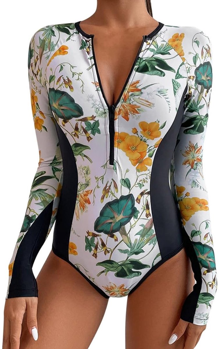 RedParrot Anti verbranden badpak - Lange mouwen - Mode - Zwemmen - Bikini Wit